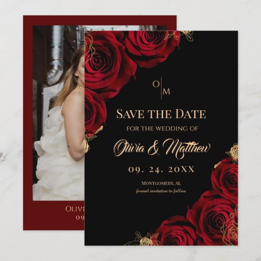  Burgundy Black Red Rose Floral Wedding Save The Date (Voorkant / Achterkant)