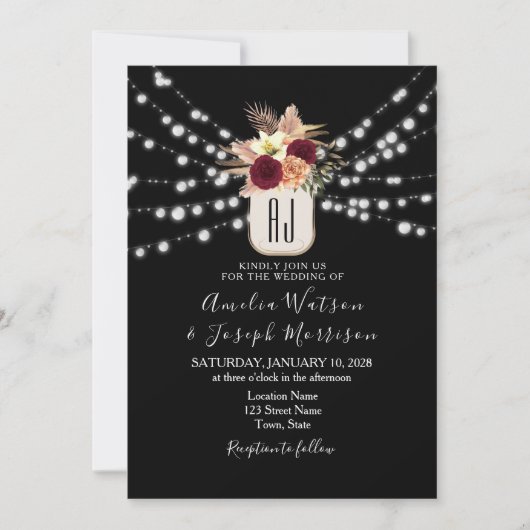 Burgundy Black Wedding Invitation Kaart (Voorkant)