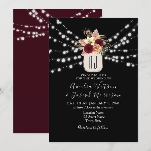 Burgundy Black Wedding Invitation Kaart (Voorkant / Achterkant)
