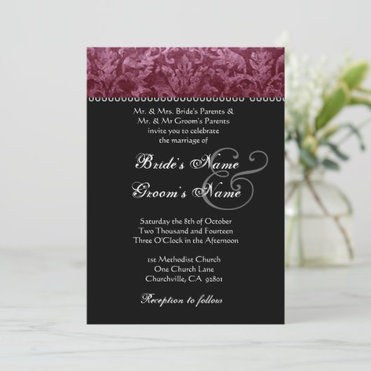 Burgundy Black White Damask Weddenschap Kaart (Staand voorkant)