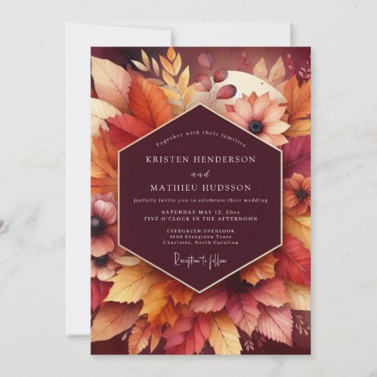 Burgundy Blad Bruiloft Kaart (Voorkant)