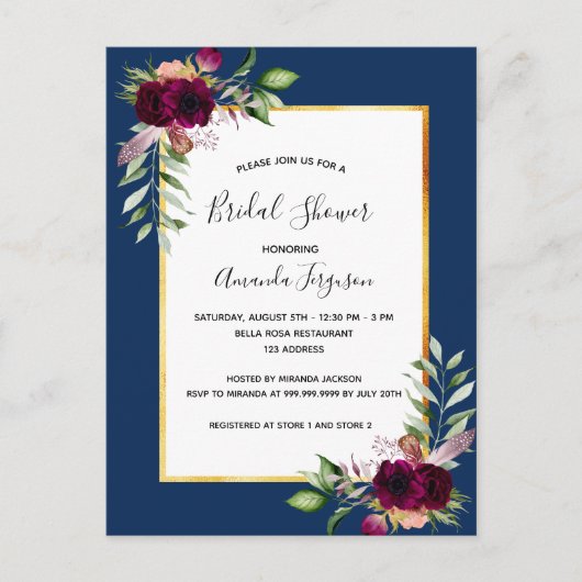 Burgundy-blauw blauw blauw bruin doucheuitnodiging briefkaart (Voorkant)