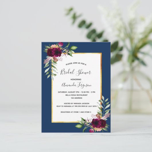 Burgundy-blauw blauw blauw bruin doucheuitnodiging briefkaart (Staand voorkant)