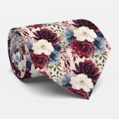 Burgundy Blauw Maagdenpalm Ivoor Bloemmotief Stropdas (Opgerold)