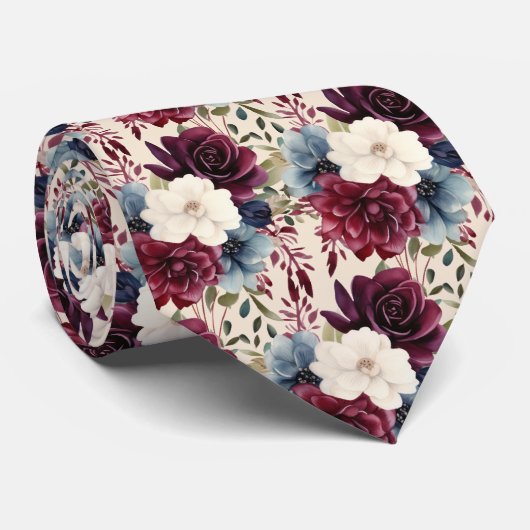 Burgundy Blauw Maagdenpalm Ivoor Bloemmotief Stropdas (Opgerold)