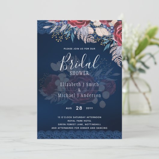 Burgundy Blauwe Bloemige Trouwfeest Uitnodiging DI (Staand voorkant)