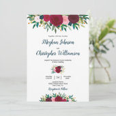 Burgundy Blauwgroen Waterverf Floral Wedding Kaart (Staand voorkant)