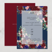 Burgundy Bloei Boho Blauwe Roze Rozen Trouw Overla Kaart (Voorkant / Achterkant)