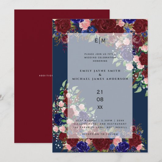 Burgundy Bloei Boho Blauwe Roze Rozen Trouw Overla Kaart (Voorkant / Achterkant)