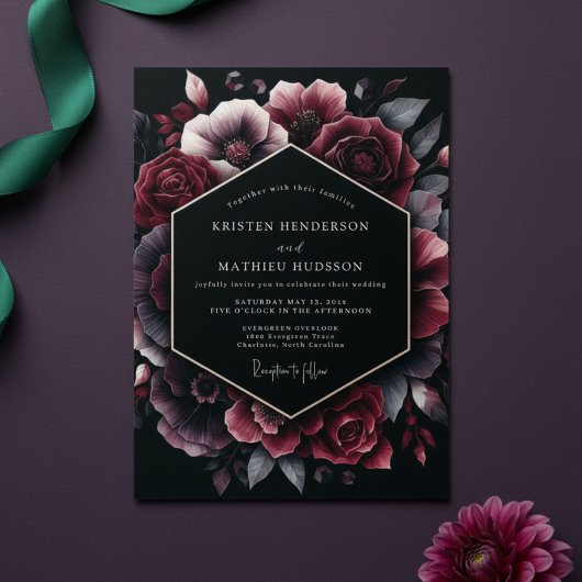 Burgundy Bloem Bruiloft Kaart