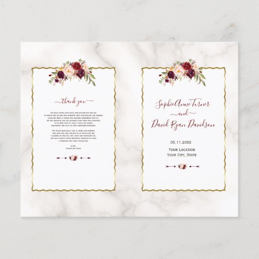 Burgundy Bloem Goud Marmer Calligrafie Programma (Voorkant)