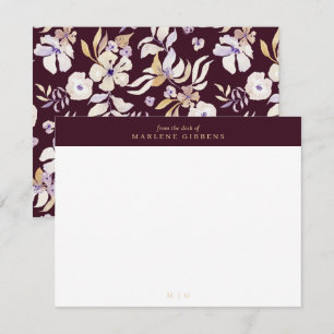 Burgundy bloem goud monogram notitiekaart