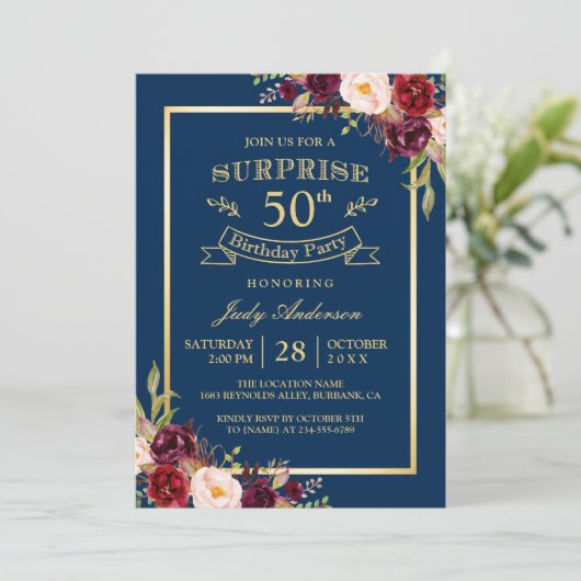Burgundy Bloem Goud Navy Verrassingsverjaardagsfee Kaart (Staand voorkant)