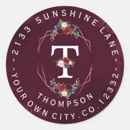 Burgundy Bloem Motief Monogram Cirkelvormig Adresl Ronde Sticker