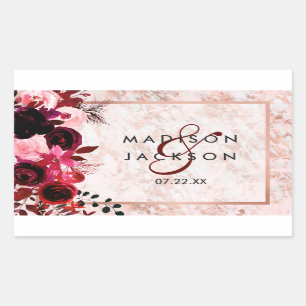 Burgundy Bloem & Rose Goud Trouw Monogram Rechthoekige Sticker