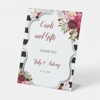 Burgundy Bloem Zwarte en Witte Kaarten en Cadeaus Reclamebord Met Voetstuk