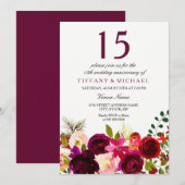 Burgundy Bloemen 15e Huwelijksjubileum Uitnodiging (Voorkant / Achterkant)