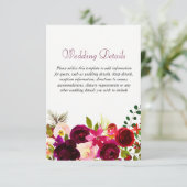 Burgundy Bloemen Bloemrijke Elegante Trouwdetails Informatiekaartje (Staand voorkant)