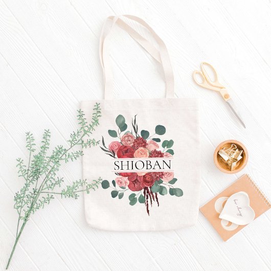 Burgundy Bloemen Bruidsmeisje Aangepaste Naam Tote Bag