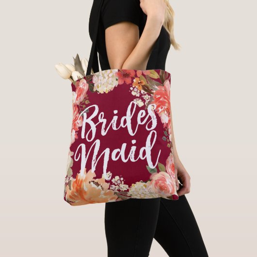 Burgundy Bloemen Bruidsmeisje Tote Bag (Dichtbij)