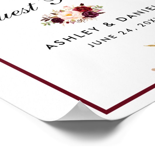 Burgundy Bloemen Bruiloft Gastboek Poster B (Hoek)