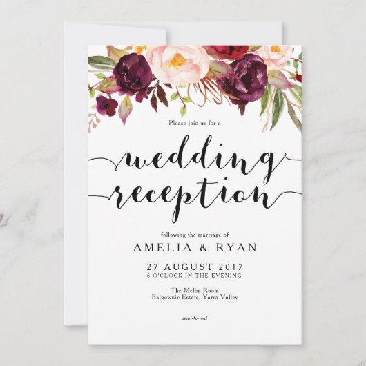 Burgundy Bloemen Bruiloft Receptie Uitnodiging (Voorkant)