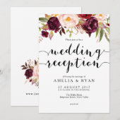 Burgundy Bloemen Bruiloft Receptie Uitnodiging (Voorkant / Achterkant)