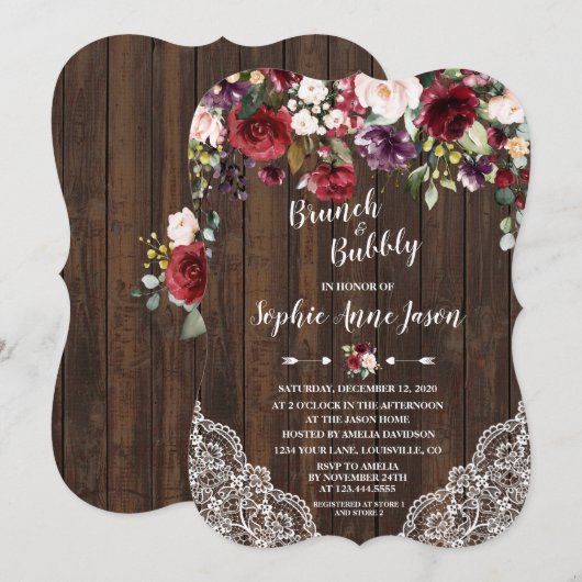 Burgundy Bloemen Brunch & Bubbels Bruidsmeisjesfee Kaart (Voorkant / Achterkant)