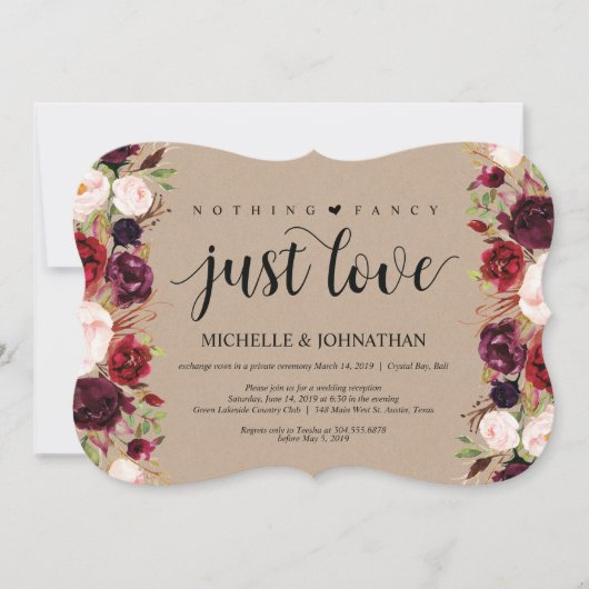 Burgundy Bloemen Elopement Ontvangst Kraft Uitnodi Kaart (Voorkant)