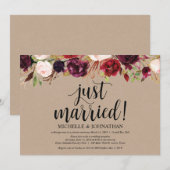 Burgundy Bloemen Elopement Ontvangst Kraft Uitnodi Kaart (Voorkant / Achterkant)