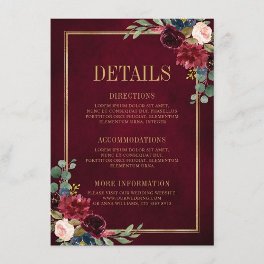 Burgundy Bloemen Goud Marineblauw Trouwdetails Enc Informatiekaartje (Voorkant)