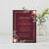 Burgundy Bloemen Goud Marineblauw Trouwdetails Enc Informatiekaartje (Staand voorkant)