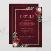 Burgundy Bloemen Goud Marineblauw Trouwdetails Enc Informatiekaartje (Voorkant / Achterkant)