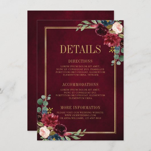 Burgundy Bloemen Goud Marineblauw Trouwdetails Enc Informatiekaartje (Voorkant / Achterkant)
