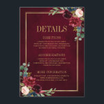 Burgundy Bloemen Goud Marineblauw Trouwdetails Enc Informatiekaartje<br><div class="desc">Watercolor bordeauxrood marine roze roze bloemige trouwdetailskaart sjabloon met gouden lijst en gouden letters met groene botanische bladeren en eucalyptusbladeren op een marineblauwe achtergrond. Dit mooie, gemakkelijk aan te passen ontwerp kan gemakkelijk worden afgestemd op uw trouwkleuren, -stijlen en -thema en is een perfecte keuze voor herfst-, midsummer- of wintertrouwfeesten....</div>