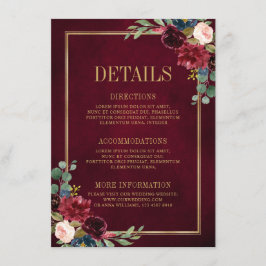 Burgundy Bloemen Goud Marineblauw Trouwdetails Enc Informatiekaartje