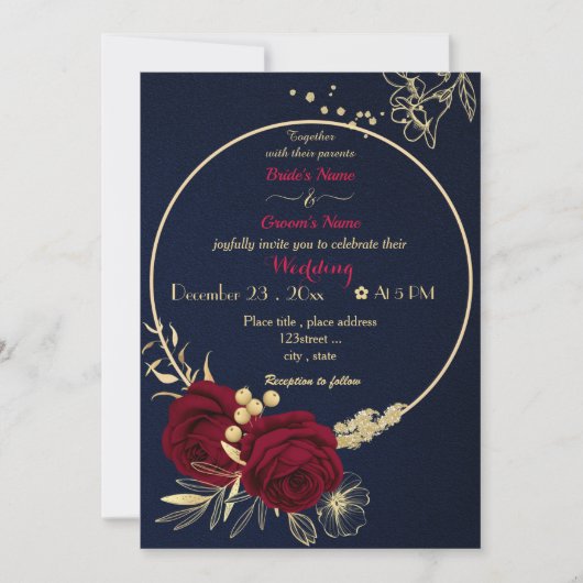 burgundy bloemen goudbruine bruiloft kaart (Voorkant)