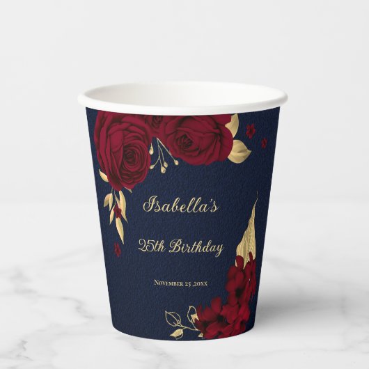 burgundy bloemen gouden bladeren marineblauw papieren bekers (Voorkant)