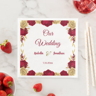 burgundy bloemen & gouden bladeren wit servet
