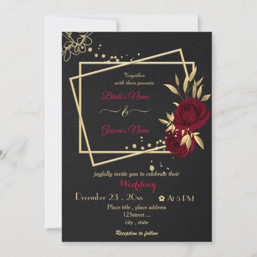 burgundy bloemen goudkleurige zwarte bruiloft kaart (Voorkant)