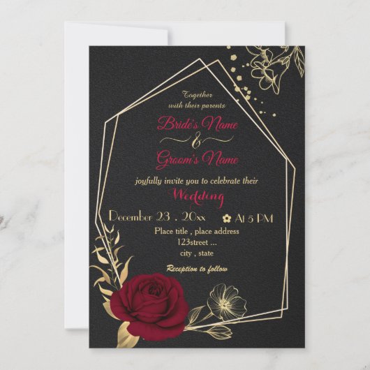 burgundy bloemen goudkleurige zwarte bruiloft kaart (Voorkant)