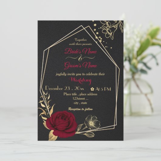 burgundy bloemen goudkleurige zwarte bruiloft kaart (Staand voorkant)