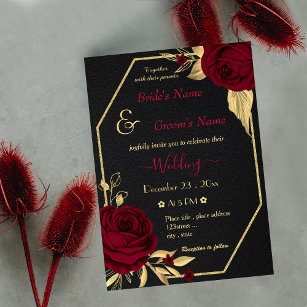 burgundy bloemen goudkleurige zwarte bruiloft kaart