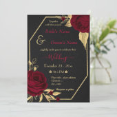 burgundy bloemen goudkleurige zwarte bruiloft kaart (Staand voorkant)