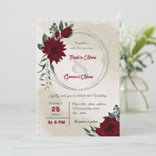Burgundy bloemen groen boeket bruiloft kaart (Staand voorkant)