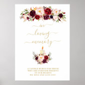 Burgundy Bloemen Herdenkingsbord 'In Loving Memory Poster (Voorkant)