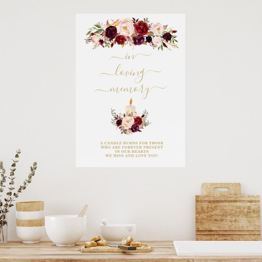 Burgundy Bloemen Herdenkingsbord 'In Loving Memory Poster (Keuken)