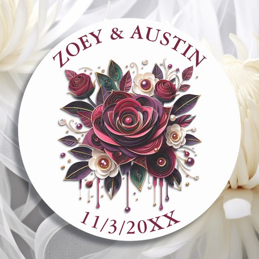 Burgundy Bloemen, Loof en Parels Persoonlijk  Ronde Sticker