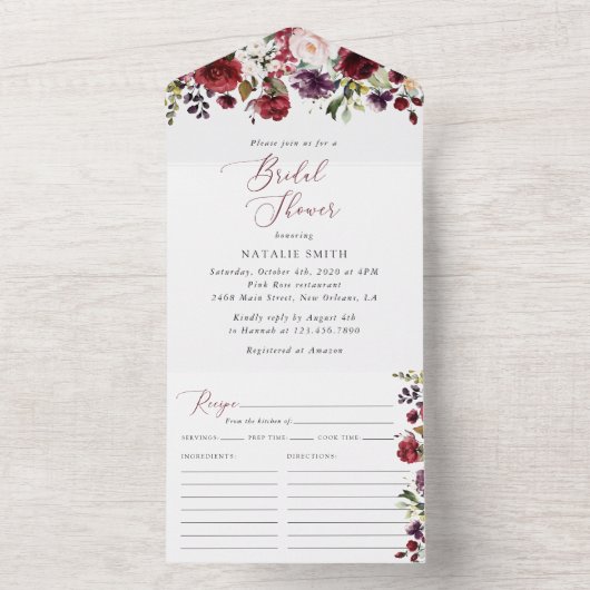 Burgundy Bloemen, Roze Bloemen, Boho Bruidsuitnodi All In One Uitnodiging (Binnen)