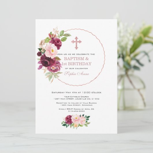 Burgundy Bloemen Roze Goud 1e Verjaardag & Doopfee Kaart (Staand voorkant)